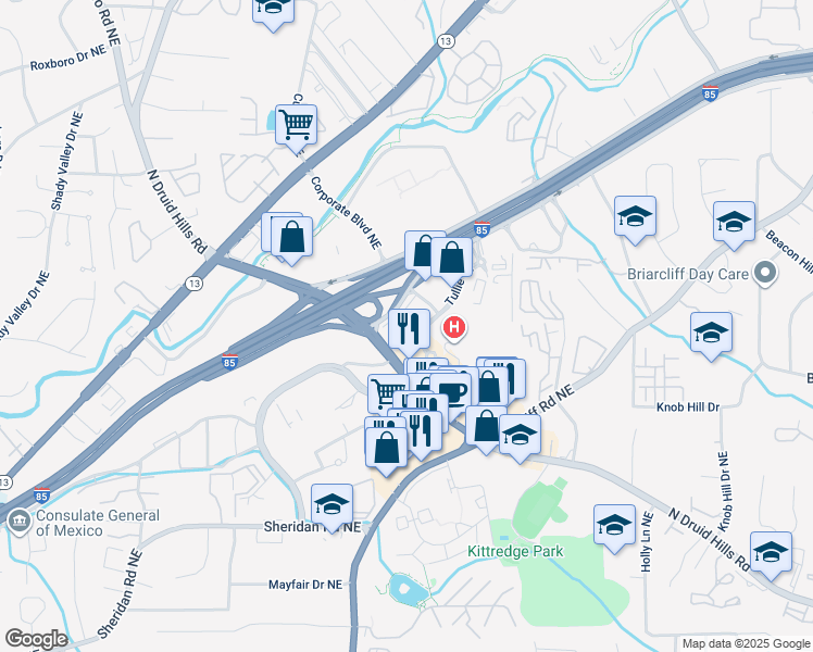 map of restaurants, bars, coffee shops, grocery stores, and more near 1354-1388 Tullie Road Northeast in Atlanta