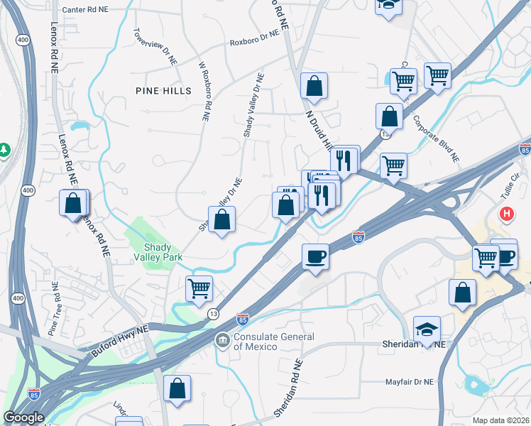 map of restaurants, bars, coffee shops, grocery stores, and more near 1685 Dunwoody Place Northeast in Atlanta