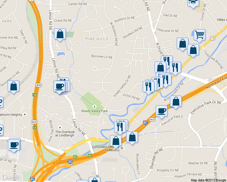 map of restaurants, bars, coffee shops, grocery stores, and more near 2790 West Roxboro Road Northeast in Atlanta