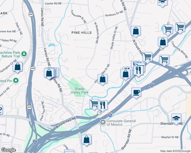 map of restaurants, bars, coffee shops, grocery stores, and more near 2790 West Roxboro Road Northeast in Atlanta