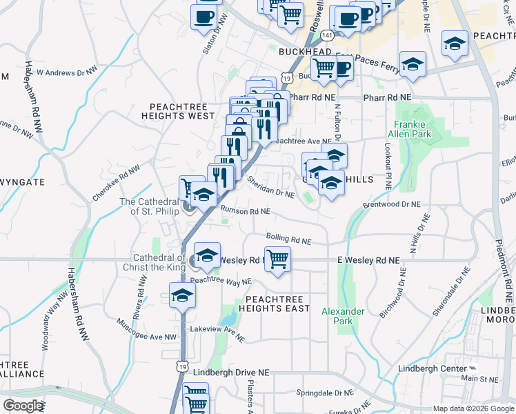 map of restaurants, bars, coffee shops, grocery stores, and more near 151 Rumson Road Northeast in Atlanta