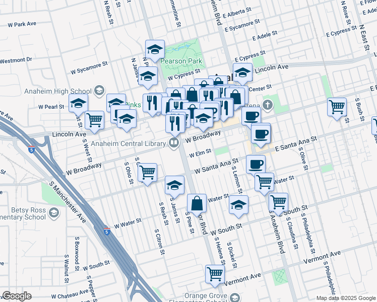 map of restaurants, bars, coffee shops, grocery stores, and more near 400 South Harbor Boulevard in Anaheim