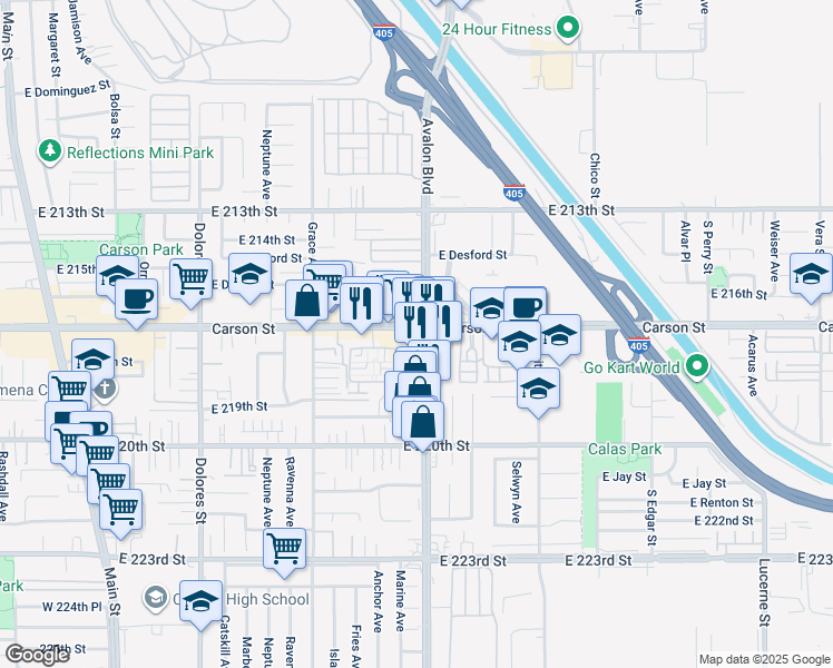 map of restaurants, bars, coffee shops, grocery stores, and more near 21703 North Avalon Boulevard in Carson