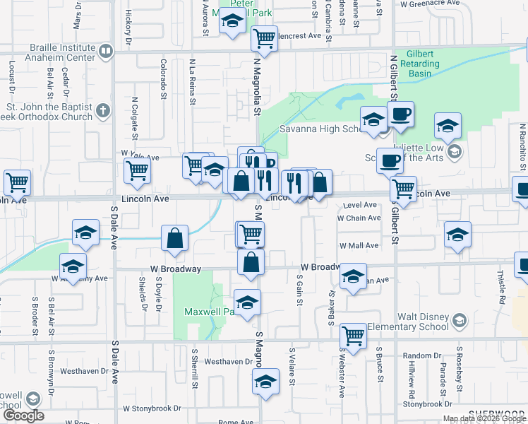 map of restaurants, bars, coffee shops, grocery stores, and more near 134 South Magnolia Avenue in Anaheim