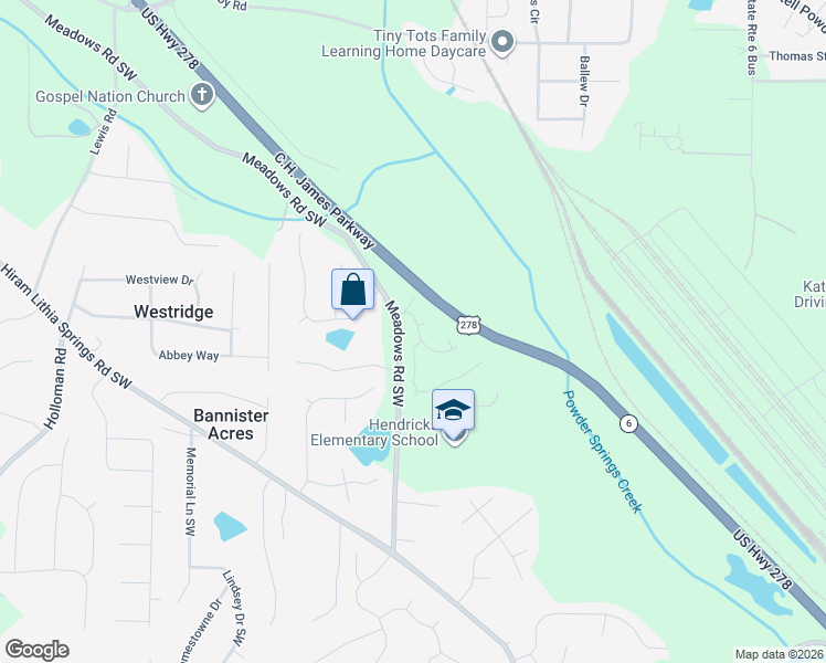 map of restaurants, bars, coffee shops, grocery stores, and more near 1120 Windbrooke Drive in Powder Springs