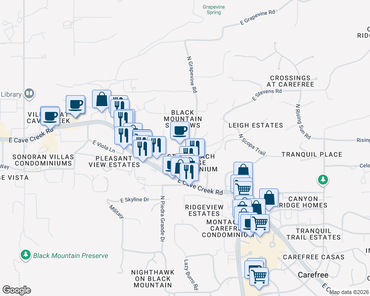map of restaurants, bars, coffee shops, grocery stores, and more near 7100 East Cave Creek Road in Cave Creek