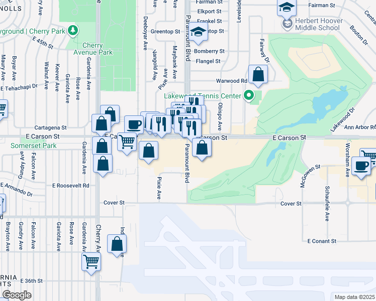 map of restaurants, bars, coffee shops, grocery stores, and more near 4040 Paramount Boulevard in Lakewood