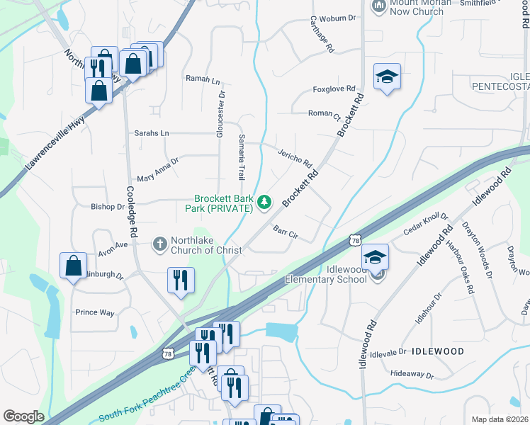 map of restaurants, bars, coffee shops, grocery stores, and more near 1632 Brockett Road in Tucker