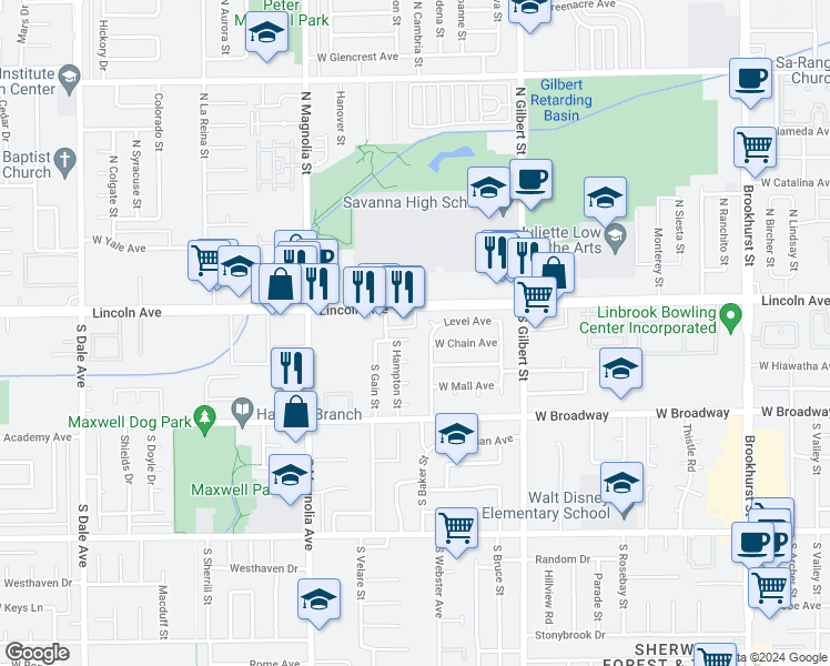 map of restaurants, bars, coffee shops, grocery stores, and more near 2505 West Chain Avenue in Anaheim