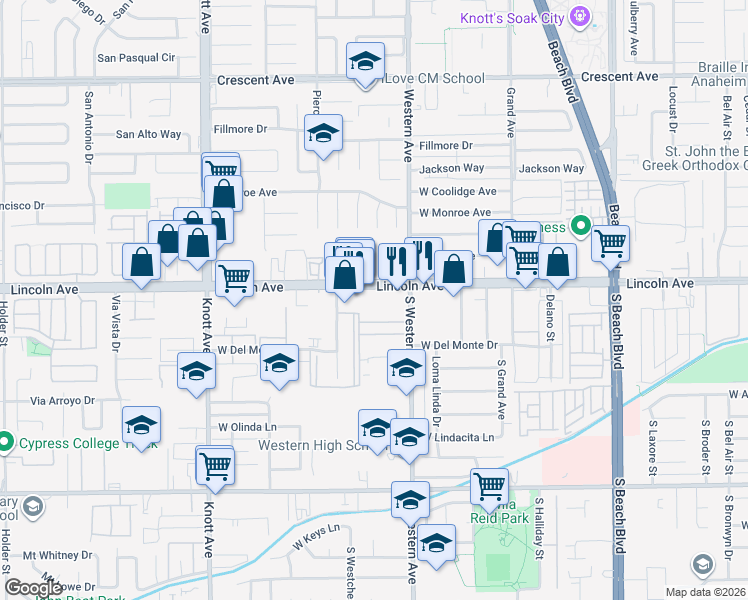 map of restaurants, bars, coffee shops, grocery stores, and more near 3230 West Lincoln Avenue in Anaheim