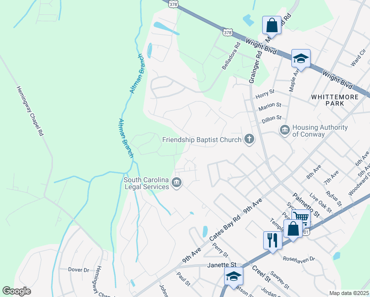 map of restaurants, bars, coffee shops, grocery stores, and more near 1300 Creel Street in Conway