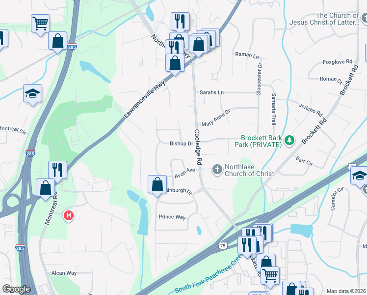 map of restaurants, bars, coffee shops, grocery stores, and more near 1690 Cody Circle in Tucker