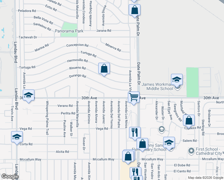map of restaurants, bars, coffee shops, grocery stores, and more near 68820 30th Avenue in Cathedral City