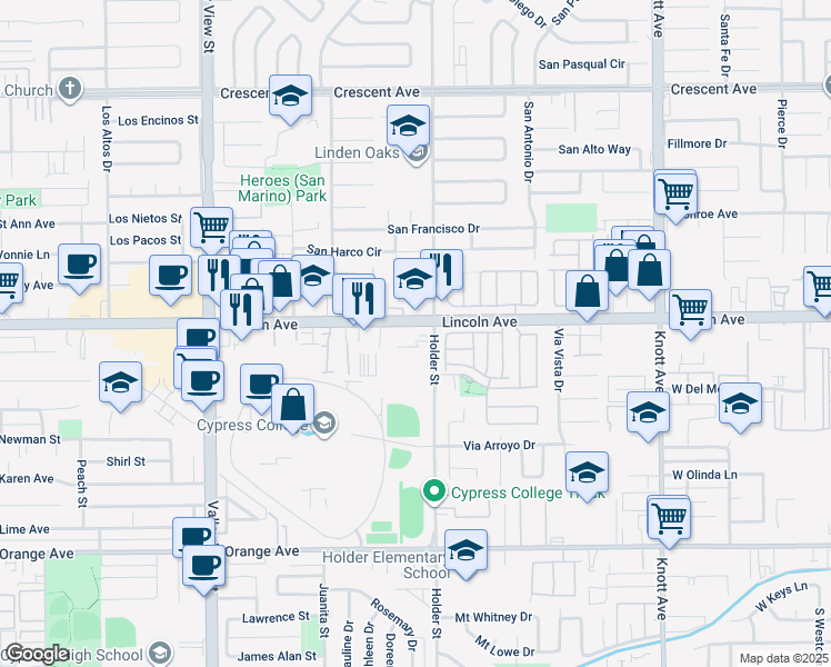 map of restaurants, bars, coffee shops, grocery stores, and more near 6400 Lincoln Avenue in Buena Park