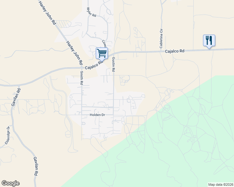 map of restaurants, bars, coffee shops, grocery stores, and more near 19881 Gustin Road in Perris