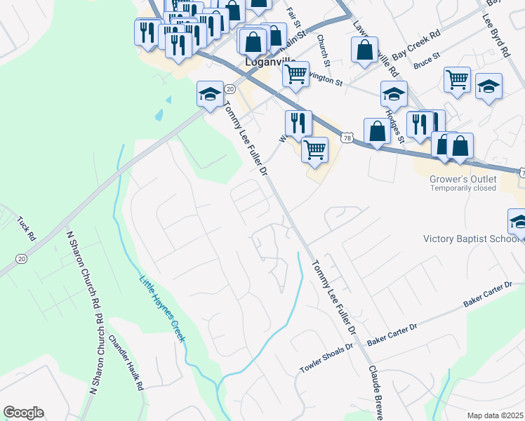 map of restaurants, bars, coffee shops, grocery stores, and more near 974 Village View Circle in Loganville