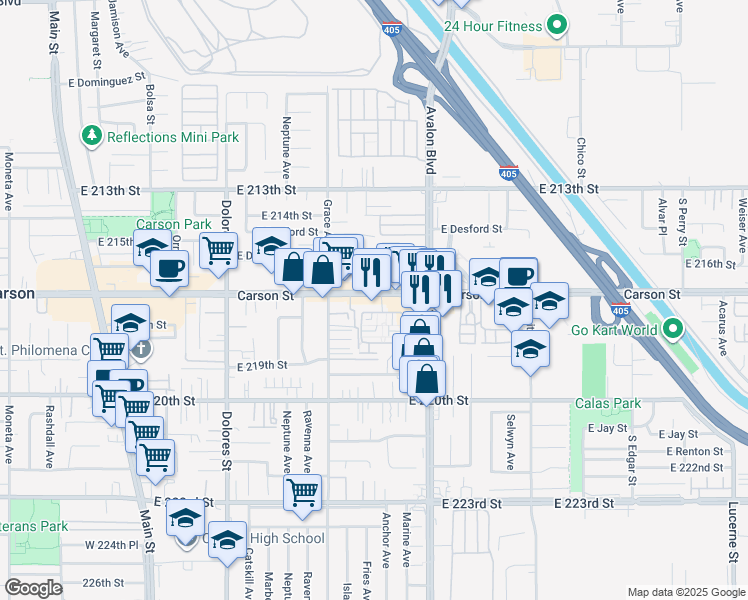 map of restaurants, bars, coffee shops, grocery stores, and more near 552 East Carson Street in Carson