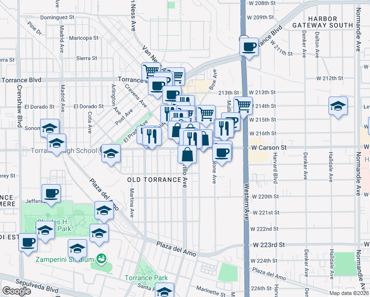 map of restaurants, bars, coffee shops, grocery stores, and more near W Carson St & Cabrillo Ave in Torrance