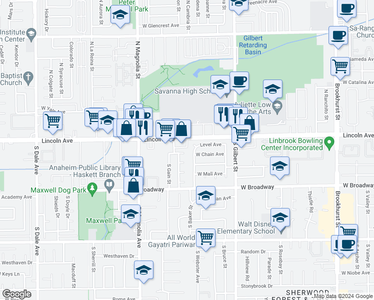 map of restaurants, bars, coffee shops, grocery stores, and more near 2505 West Chain Avenue in Anaheim
