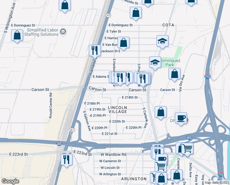 map of restaurants, bars, coffee shops, grocery stores, and more near 2598 East Carson Street in Carson