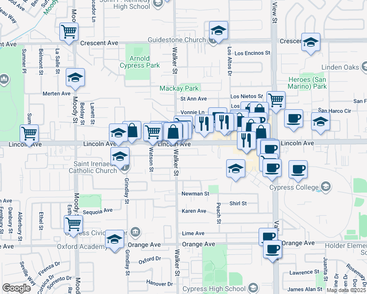 map of restaurants, bars, coffee shops, grocery stores, and more near 9052 Walker Street in Cypress