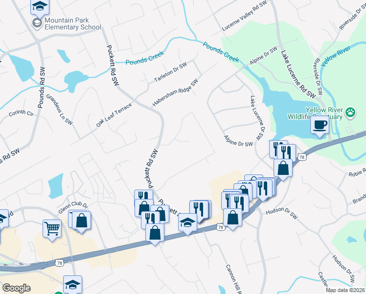 map of restaurants, bars, coffee shops, grocery stores, and more near 4882 Valley Dale Court Southwest in Lilburn
