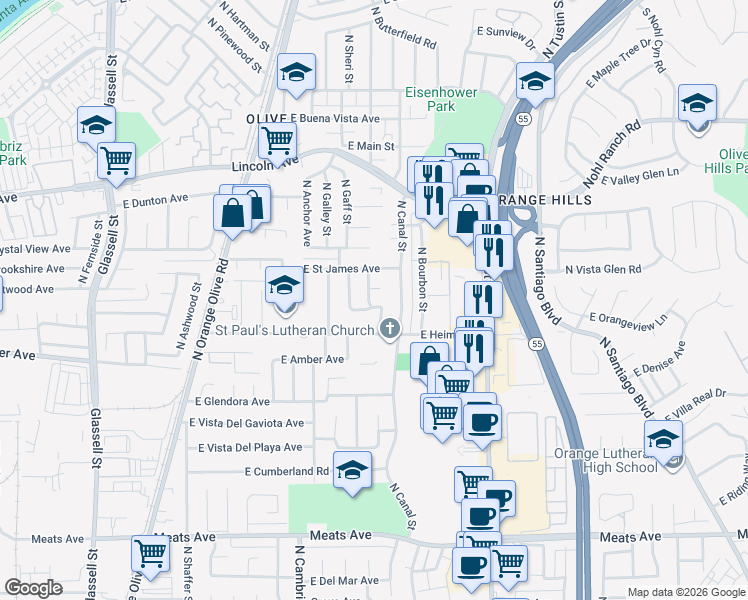 map of restaurants, bars, coffee shops, grocery stores, and more near 1134 East Darby Avenue in Orange