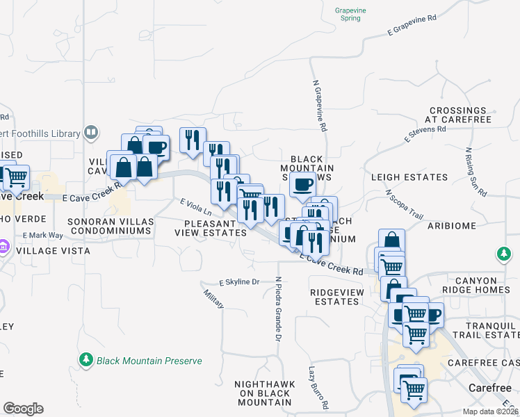 map of restaurants, bars, coffee shops, grocery stores, and more near 6900 East Cave Creek Road in Cave Creek