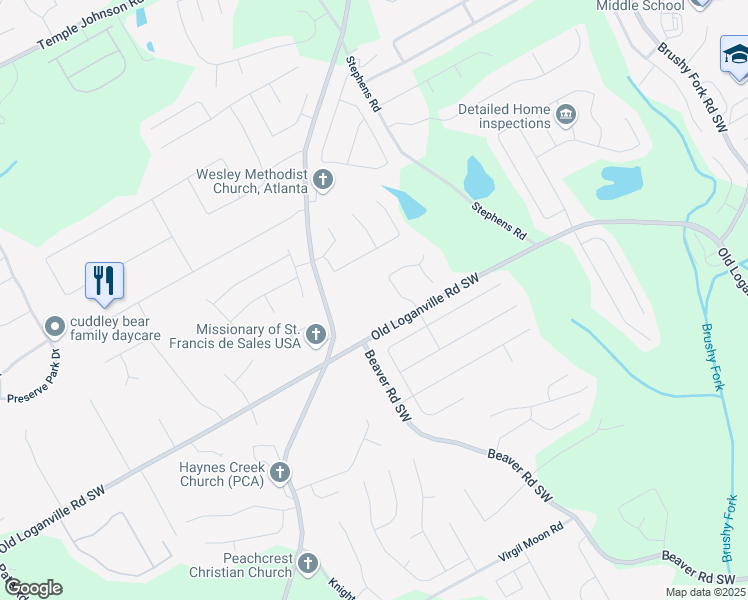 map of restaurants, bars, coffee shops, grocery stores, and more near 1495 Old Loganville Road Southwest in Loganville
