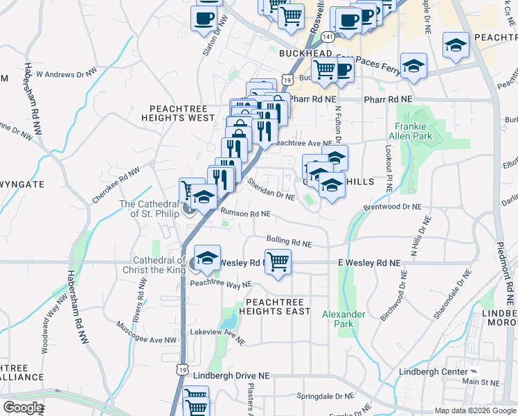 map of restaurants, bars, coffee shops, grocery stores, and more near 151 Rumson Road Northeast in Atlanta