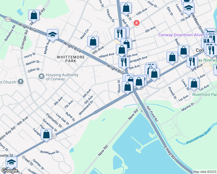 map of restaurants, bars, coffee shops, grocery stores, and more near 501 Myrtle Street in Conway