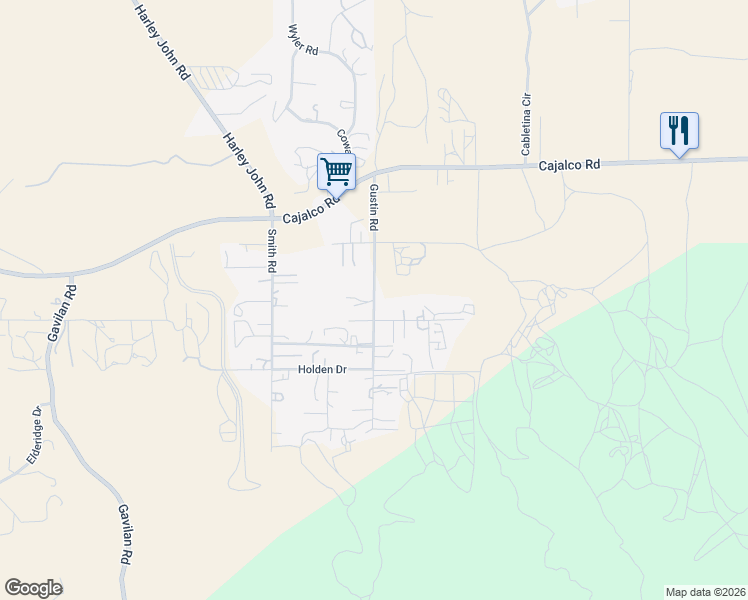 map of restaurants, bars, coffee shops, grocery stores, and more near Gustin Road in Lake Mathews