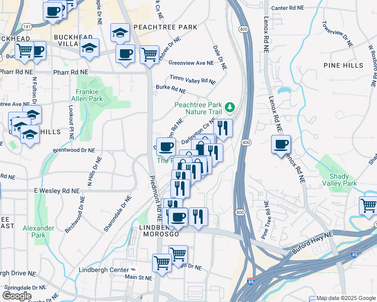 map of restaurants, bars, coffee shops, grocery stores, and more near 630 Darlington Commons Court Northeast in Atlanta