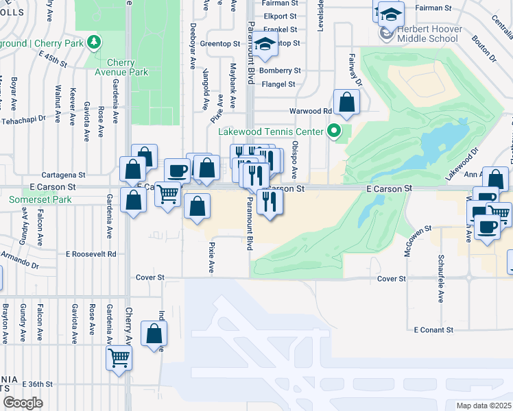 map of restaurants, bars, coffee shops, grocery stores, and more near 4040 Paramount Boulevard in Lakewood