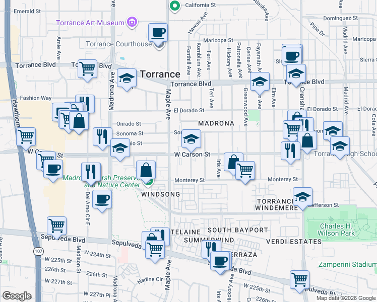 map of restaurants, bars, coffee shops, grocery stores, and more near 1708 Flower Avenue in Torrance