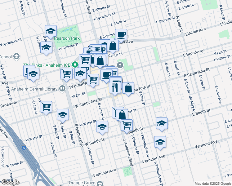 map of restaurants, bars, coffee shops, grocery stores, and more near 500 South Anaheim Boulevard in Anaheim