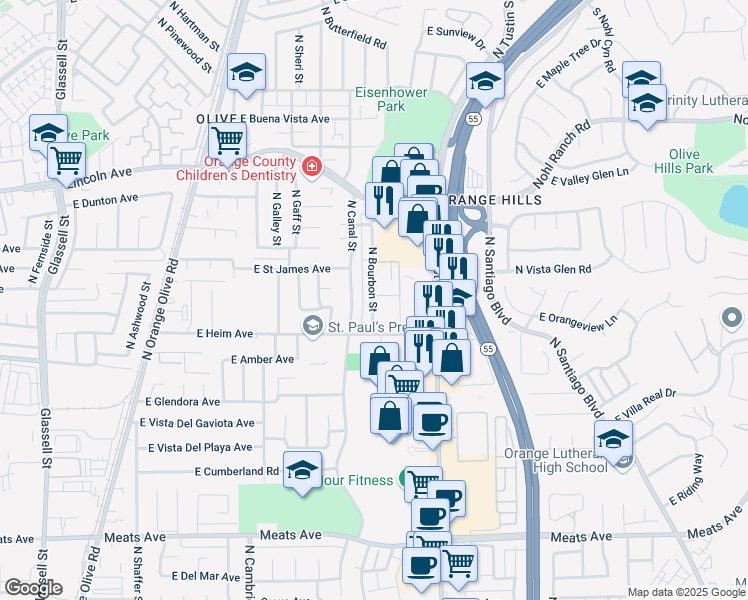 map of restaurants, bars, coffee shops, grocery stores, and more near 2546 North Bourbon Street in Orange