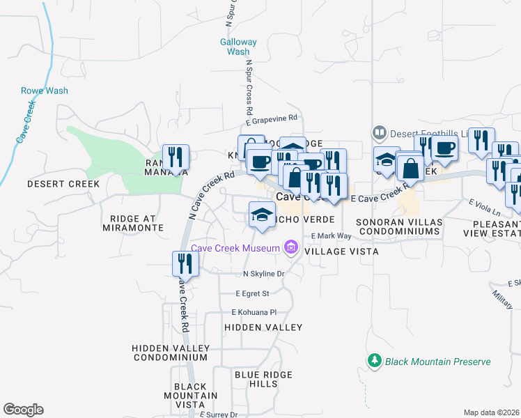map of restaurants, bars, coffee shops, grocery stores, and more near 6051 East Hidden Valley Drive in Cave Creek