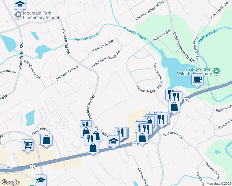 map of restaurants, bars, coffee shops, grocery stores, and more near 4882 Valley Dale Court Southwest in Lilburn