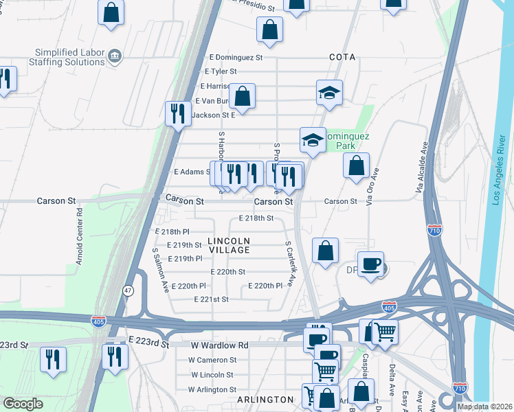 map of restaurants, bars, coffee shops, grocery stores, and more near 21720 South Evonda Avenue in Carson