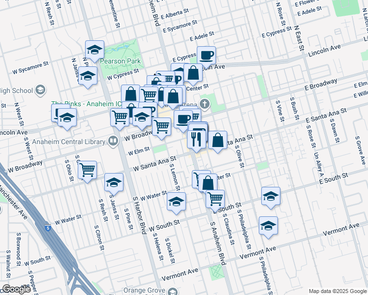 map of restaurants, bars, coffee shops, grocery stores, and more near 425 South Anaheim Boulevard in Anaheim