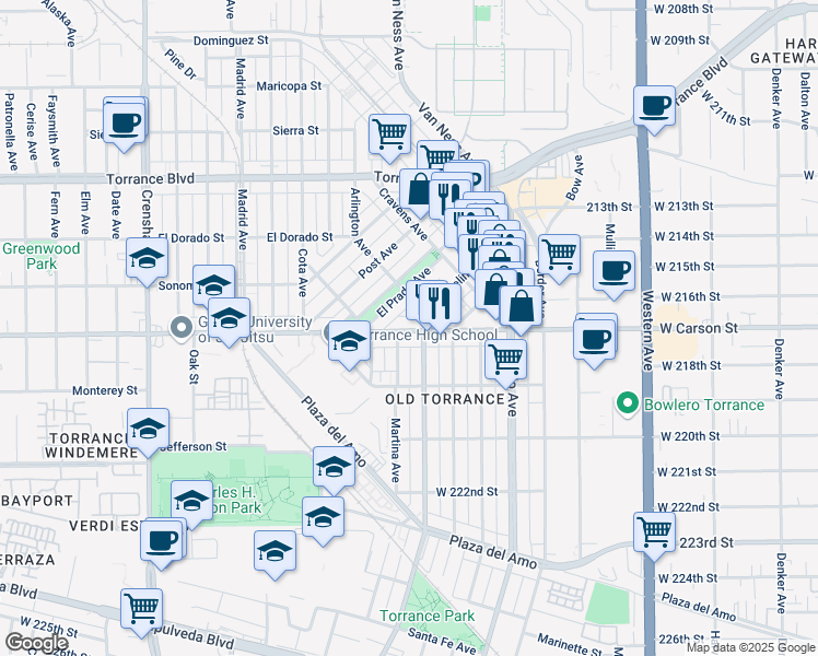 map of restaurants, bars, coffee shops, grocery stores, and more near 2065 1/2 West Carson Street in Torrance