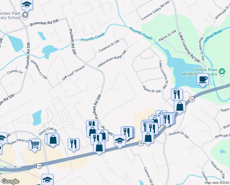 map of restaurants, bars, coffee shops, grocery stores, and more near 4912 Valley Dale Court Southwest in Lilburn