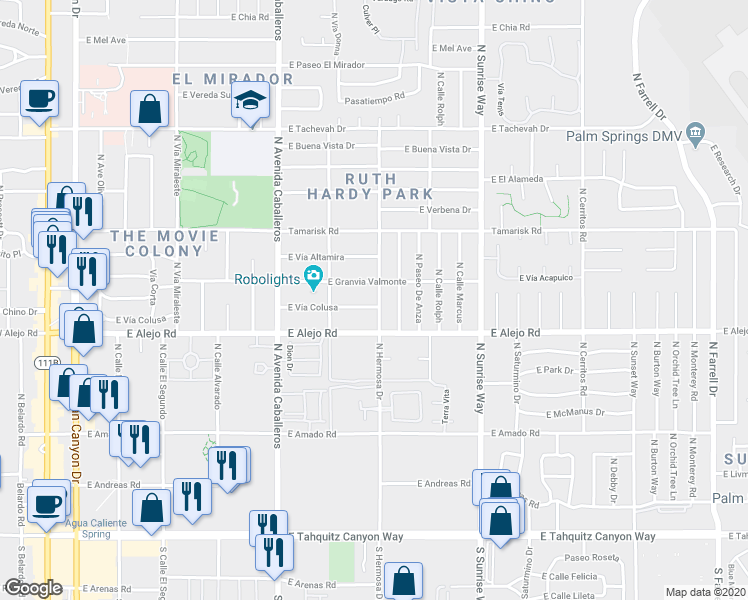 map of restaurants, bars, coffee shops, grocery stores, and more near 1151 East Vía Colusa in Palm Springs