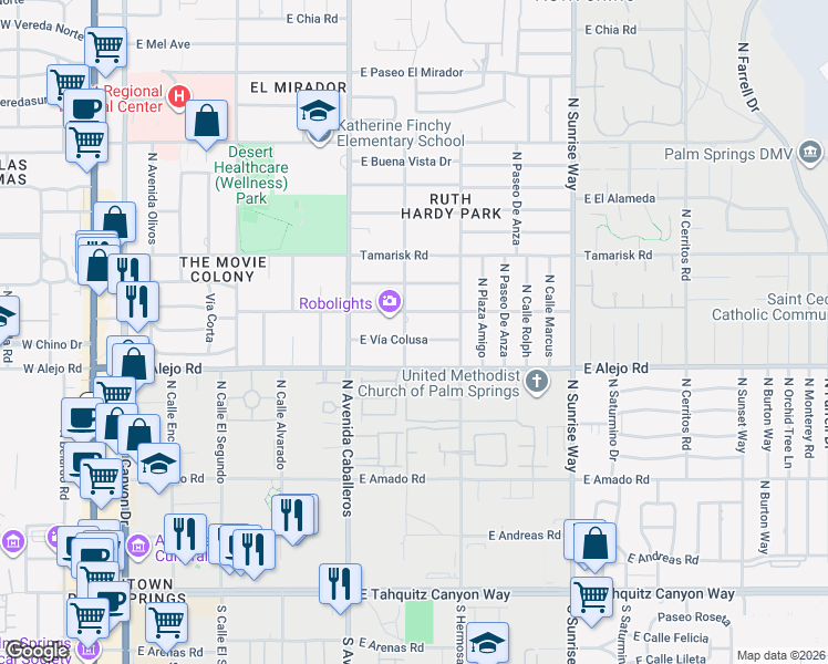 map of restaurants, bars, coffee shops, grocery stores, and more near 535 North Arquilla Road in Palm Springs