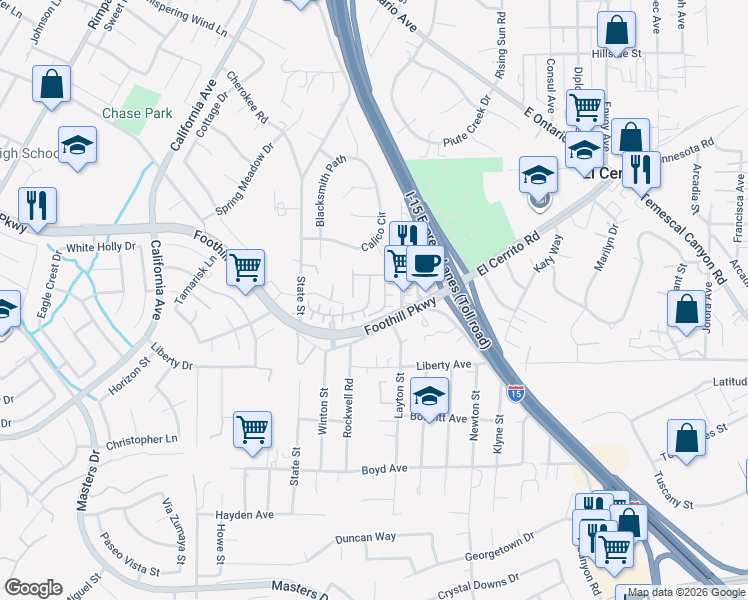 map of restaurants, bars, coffee shops, grocery stores, and more near 2865 Villa Catalonia Court in Corona