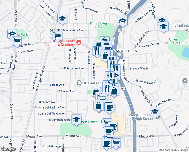 map of restaurants, bars, coffee shops, grocery stores, and more near 2546 North Bourbon Street in Orange