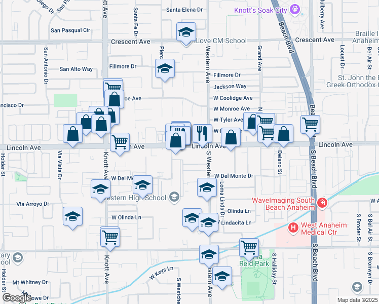 map of restaurants, bars, coffee shops, grocery stores, and more near 3221 West Cabot Drive in Anaheim