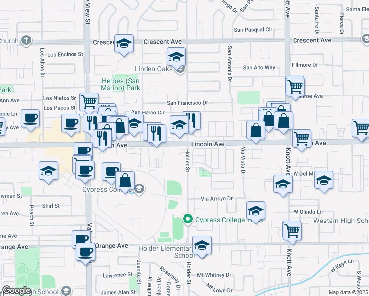 map of restaurants, bars, coffee shops, grocery stores, and more near 9051 Holder Street in Cypress