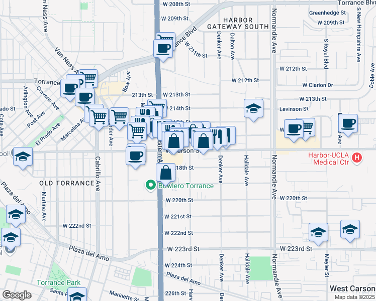 map of restaurants, bars, coffee shops, grocery stores, and more near 68 Harvard Boulevard in Torrance